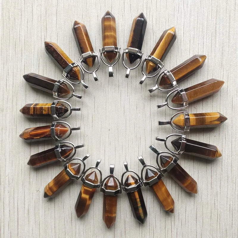 Natural Tiger Eye Stone Point Crystal Pillar Pendants for Jewelry Making