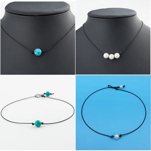 Green Turquoises Pearl Charms Choker Necklace On Leather Cord For Women