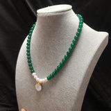 Green Jade & Baroque Pearls Beaded Necklace Pendant Women Jewelry