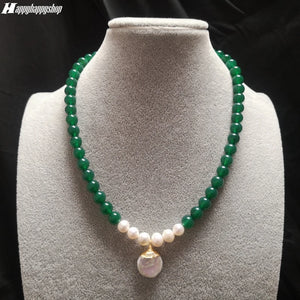 Green Jade & Baroque Pearls Beaded Necklace Pendant Women Jewelry