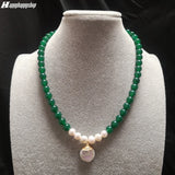 Green Jade & Baroque Pearls Beaded Necklace Pendant Women Jewelry