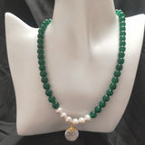 Green Jade & Baroque Pearls Beaded Necklace Pendant Women Jewelry