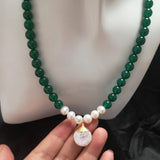 Green Jade & Baroque Pearls Beaded Necklace Pendant Women Jewelry