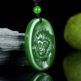 Green Jade Dragon Sun WuKong Pendant Necklace Hand-Carved Luck Gift