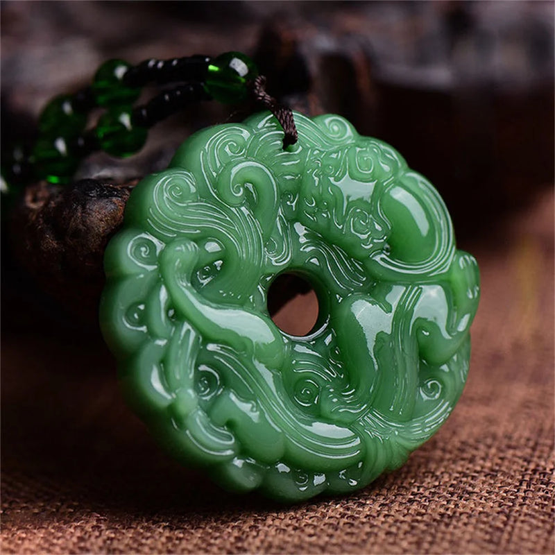 Green Jade Dragon Pendant Necklace Chinese Amulet Lucky Jewelry Gift