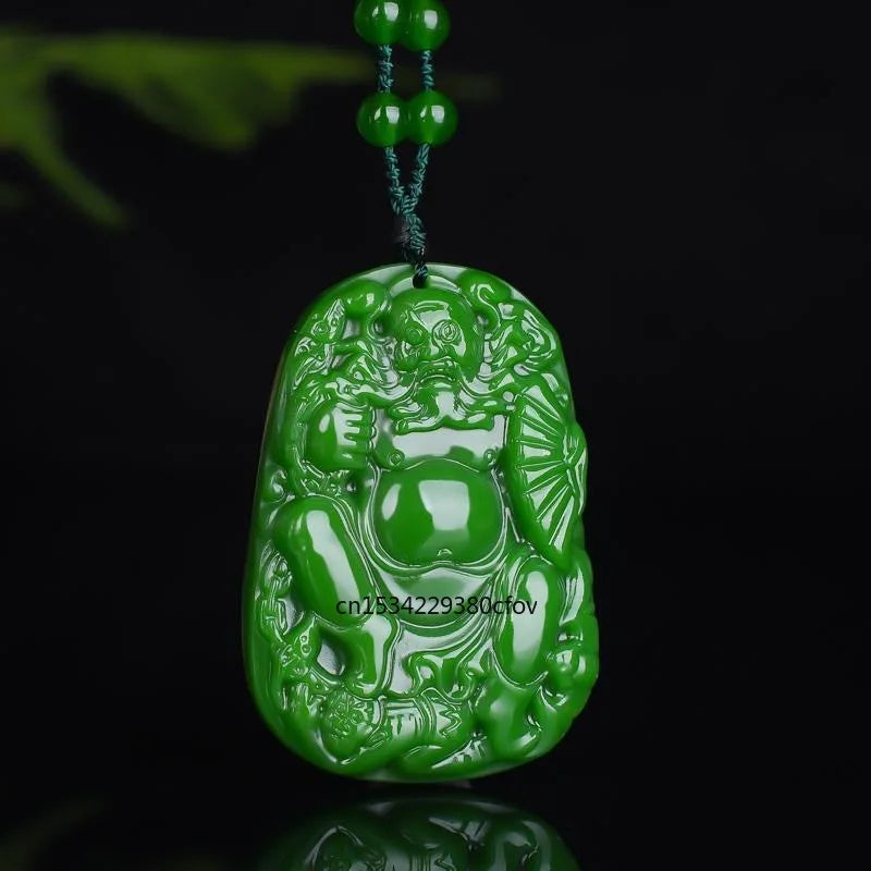 Green Jade Zhong Kui Pendant Necklace Chinese Hand-Carved Luck Amulet