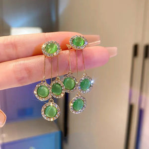 Green Opal Rhinestone Tassel Drop Earrings with Circle Design