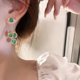Green Opal Rhinestone Tassel Drop Earrings with Circle Design