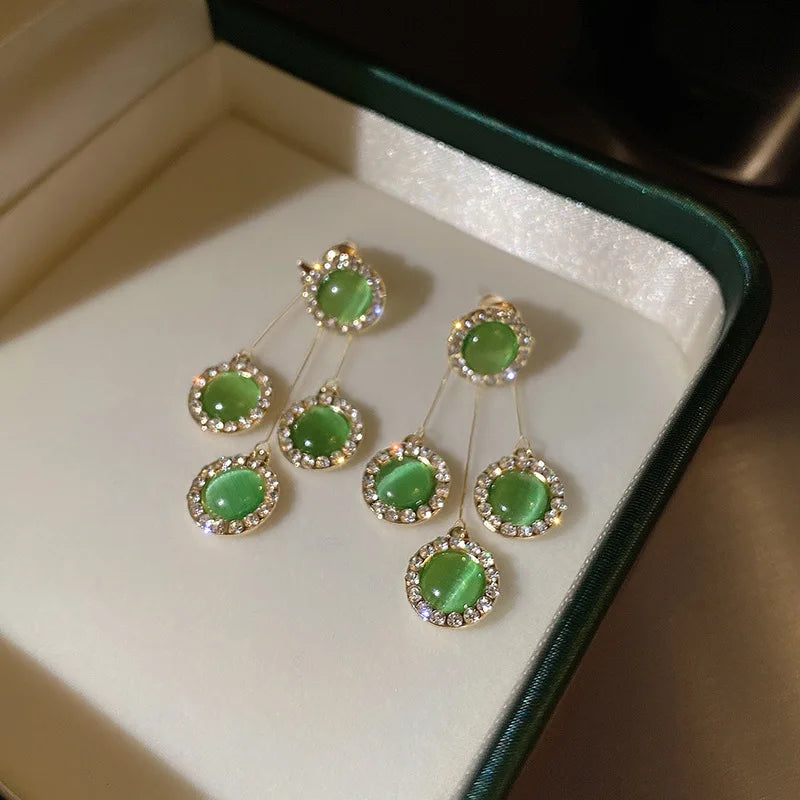 Green Opal Rhinestone Tassel Drop Earrings with Circle Design