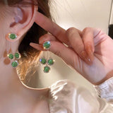 Green Opal Rhinestone Tassel Drop Earrings with Circle Design