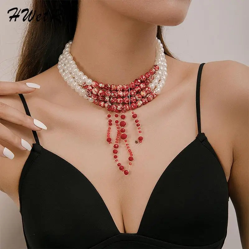 Halloween Blood Pattern Pearl Necklace Multi-Layer Beaded Short Necklace
