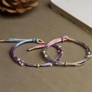 Colorful Rope Lucky Bangle Women Pearl Bracelet Adjustable Size