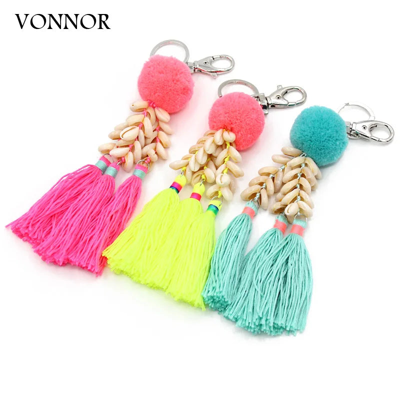 Boho Colorful Tassel Shell Pompom Keychain Car Key Accessory Women Bags