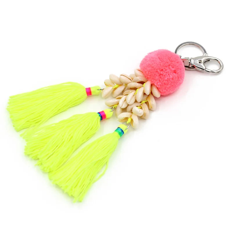 Boho Colorful Tassel Shell Pompom Keychain Car Key Accessory Women Bags