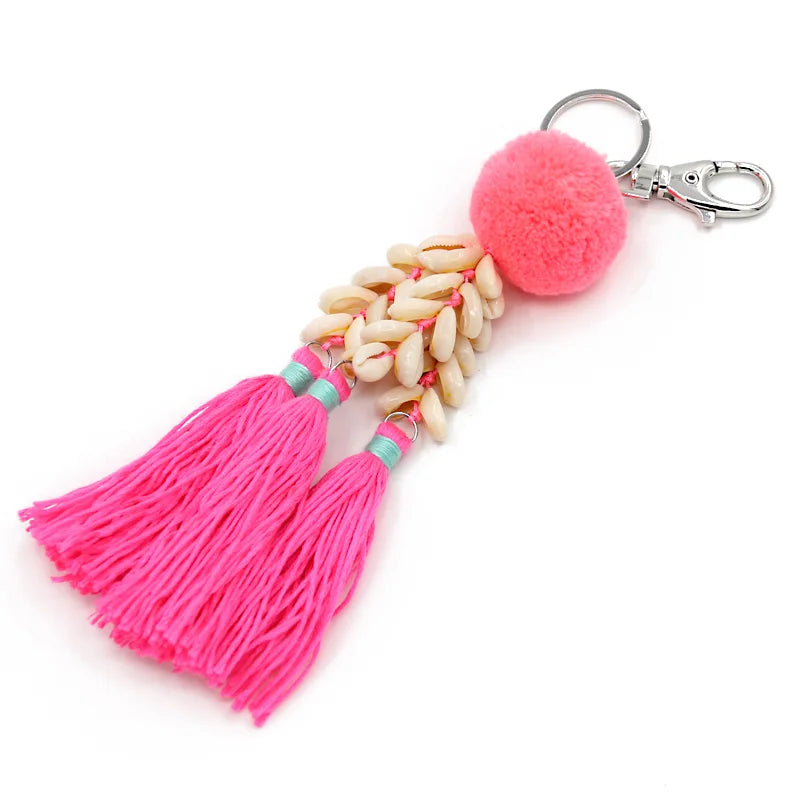 Boho Colorful Tassel Shell Pompom Keychain Car Key Accessory Women Bags