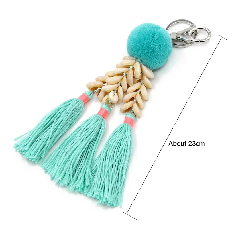 Boho Colorful Tassel Shell Pompom Keychain Car Key Accessory Women Bags