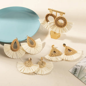 Rattan Raffia Tassel Pendant Earrings Women's Summer Beach Jewelry