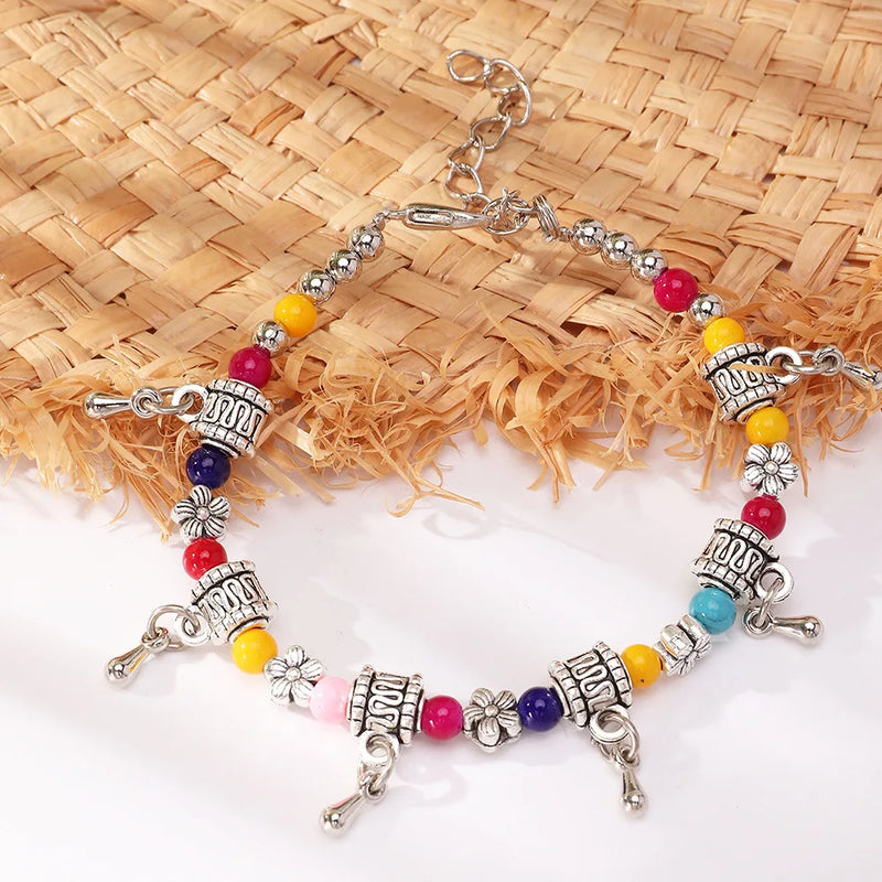 Retro Boho Flower Pine Stone Charm Bangle Bracelet