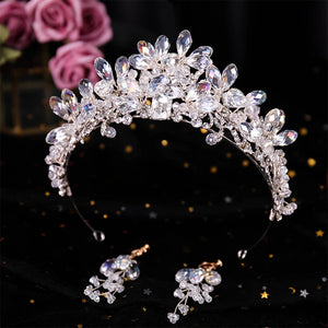 Silver Crystal Tiara Crown Earrings Set Wedding Bridal Hair Accessories