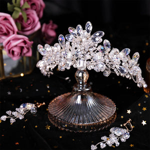 Silver Crystal Tiara Crown Earrings Set Wedding Bridal Hair Accessories