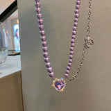 Purple Crystal Necklace Women Pearl Collarbone Rhinestone Choker Jewelry