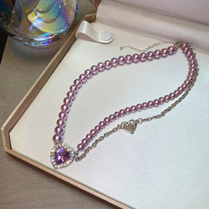 Purple Crystal Necklace Women Pearl Collarbone Rhinestone Choker Jewelry