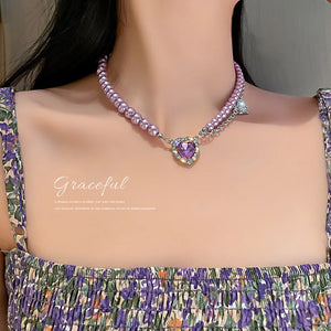 Purple Crystal Necklace Women Pearl Collarbone Rhinestone Choker Jewelry