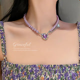 Purple Crystal Necklace Women Pearl Collarbone Rhinestone Choker Jewelry