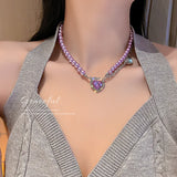 Purple Crystal Necklace Women Pearl Collarbone Rhinestone Choker Jewelry