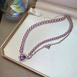 Purple Crystal Necklace Women Pearl Collarbone Rhinestone Choker Jewelry