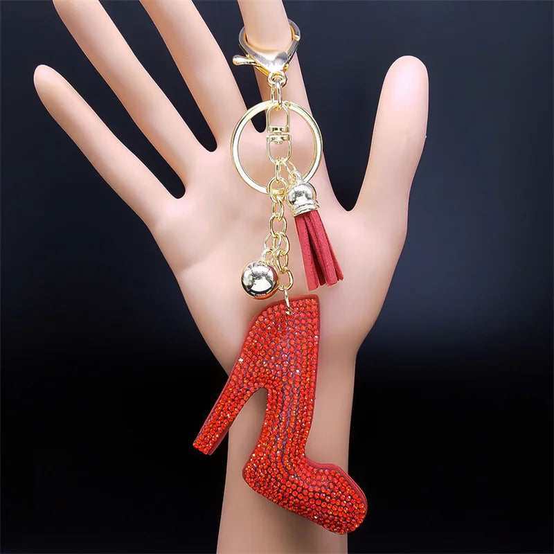 Red Rhinestone Tassel Keychain High Heel Shoes Pendant Keyring