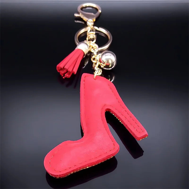 Red Rhinestone Tassel Keychain High Heel Shoes Pendant Keyring