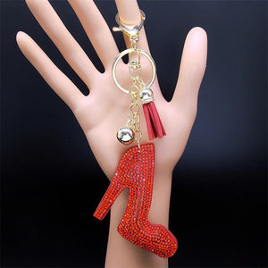 Red Rhinestone Tassel Keychain High Heel Shoes Pendant Keyring