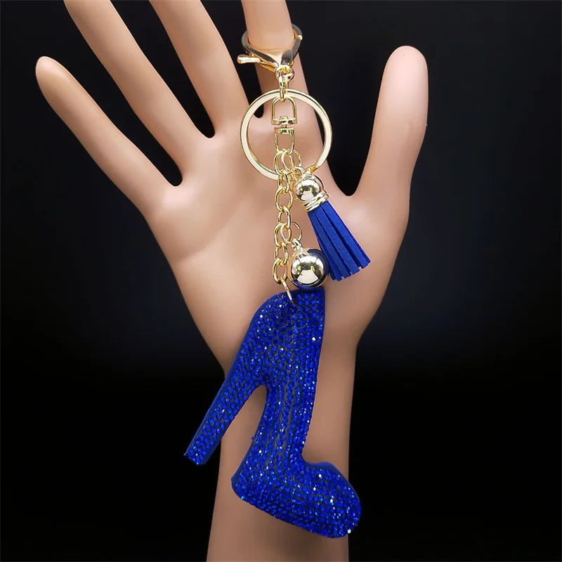 Red Rhinestone Tassel Keychain High Heel Shoes Pendant Keyring