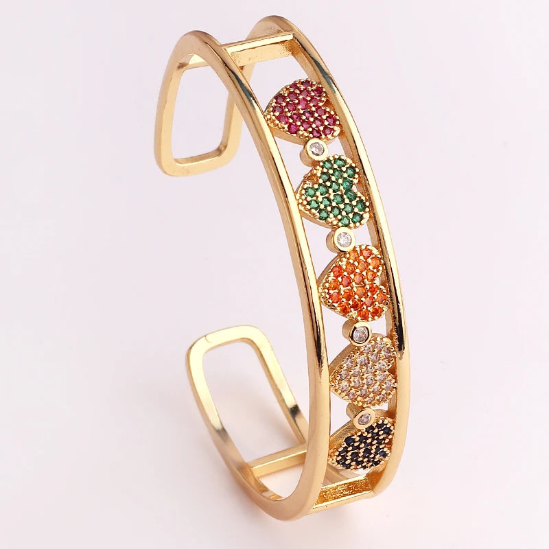 Hiphop Copper Open Bangle Women Happy Heart Crystal Love Bracelet