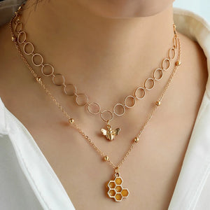 Bee Pendant Necklace Double Layered Choker