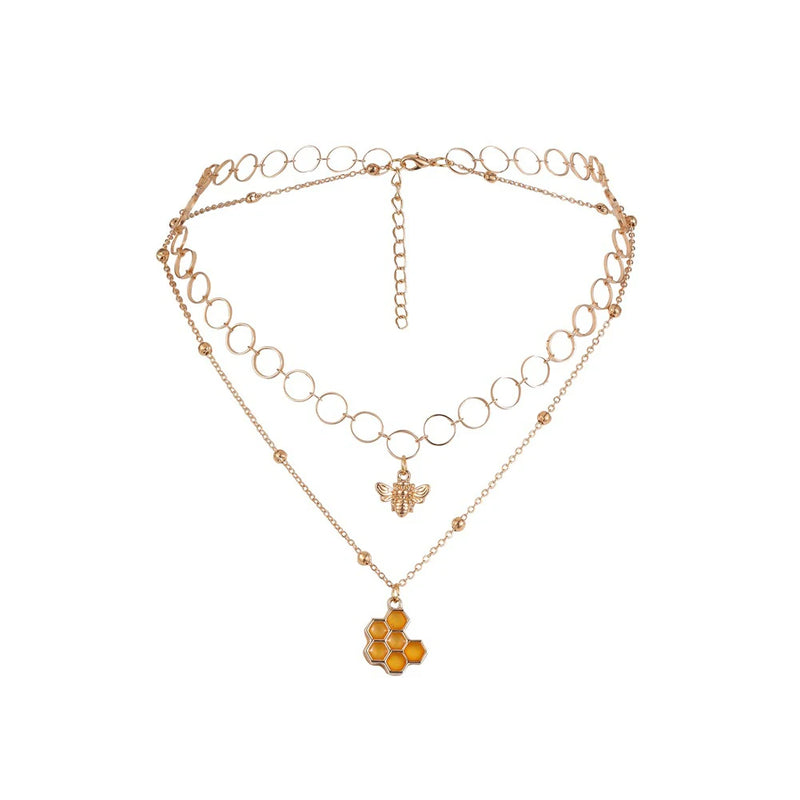 Bee Pendant Necklace Double Layered Choker