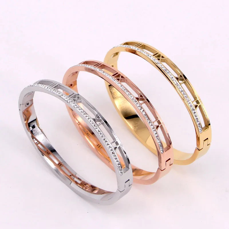 Hollow Roman Numerals Crystal Bracelet Bangle Rose Women Party Gift