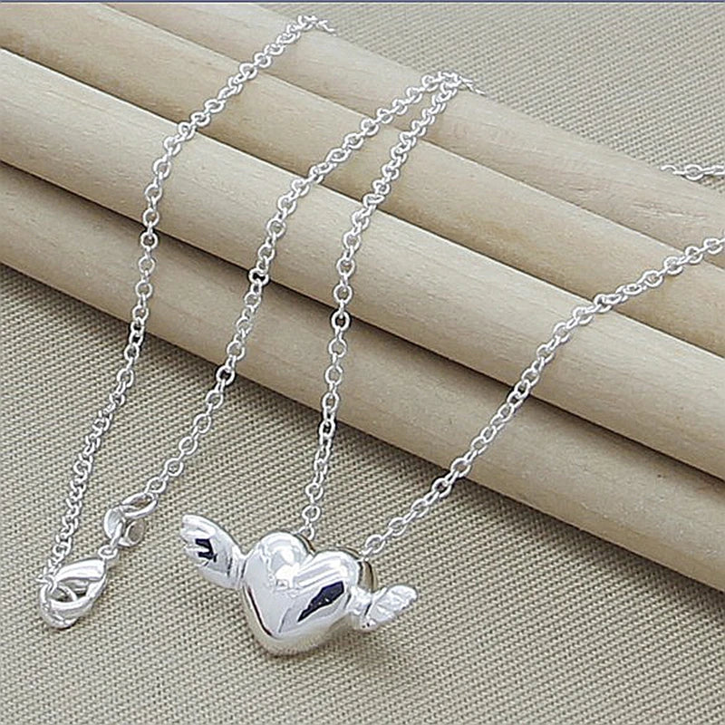 925 Silver Angel Wings Heart Woman Necklace Jewelry Gift
