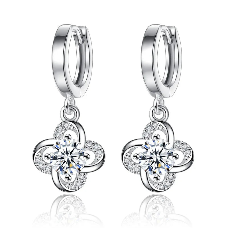 Hot Lucky Flower Crystal Silver Stud Earrings for Women