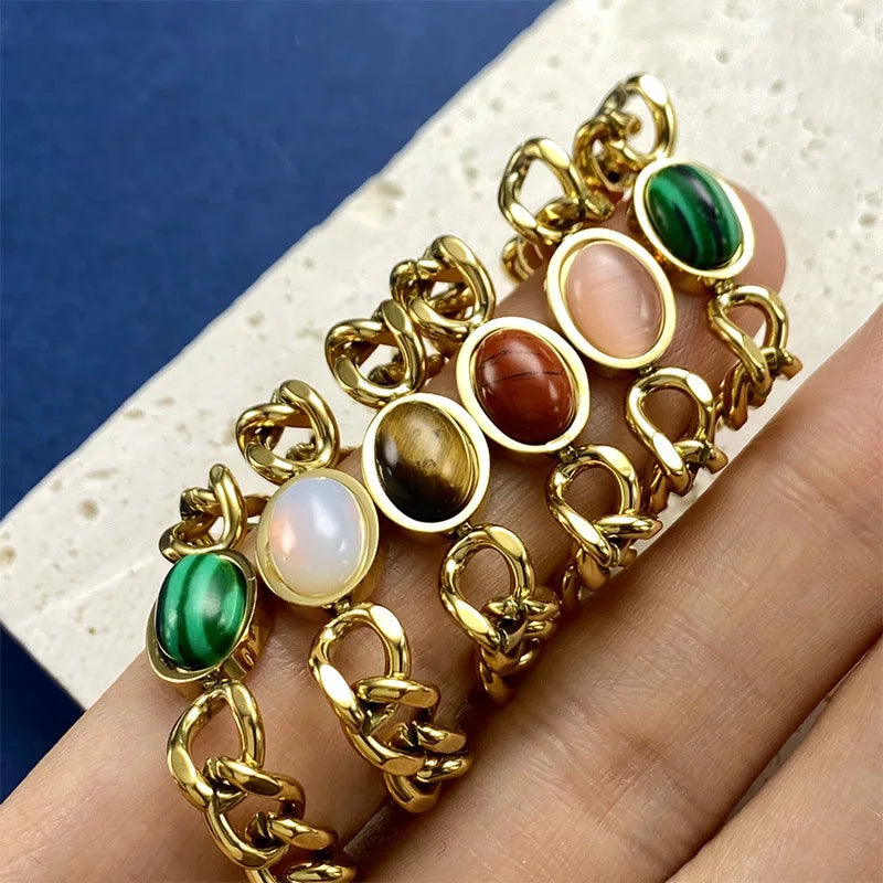 Vintage Titanium Stainless Steel Bracelet Men Women Chain Plated Stone