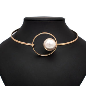 Pearl Bib Torques Choker Necklace, Metal Geometric Collar