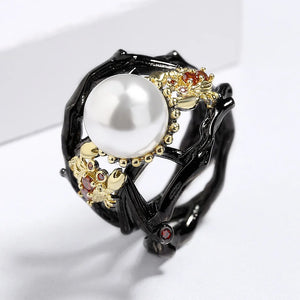 Bohemian Pearl Inlay Ring, Elegant Women's Jewelry