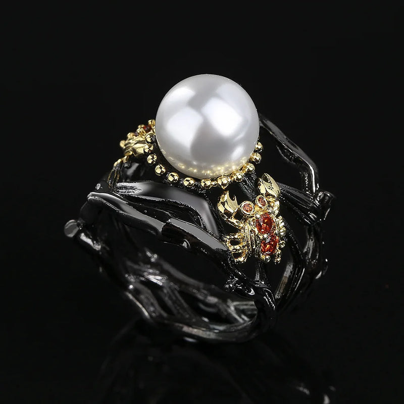 Bohemian Pearl Inlay Ring, Elegant Women's Jewelry