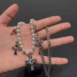 Wind Hip Hop Retro Pearl Necklace Christian Cross Clavicle Chain