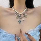 Wind Hip Hop Retro Pearl Necklace Christian Cross Clavicle Chain