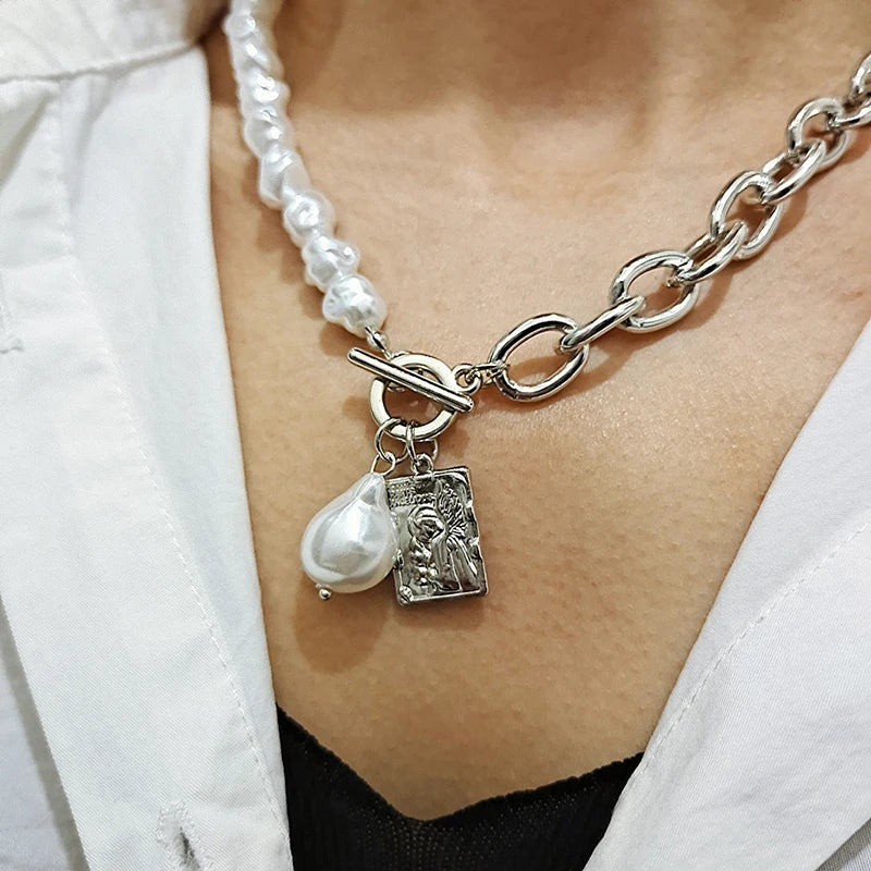 Baroque Pearl Chain Necklace Silver Vintage Pendant Women Jewelry