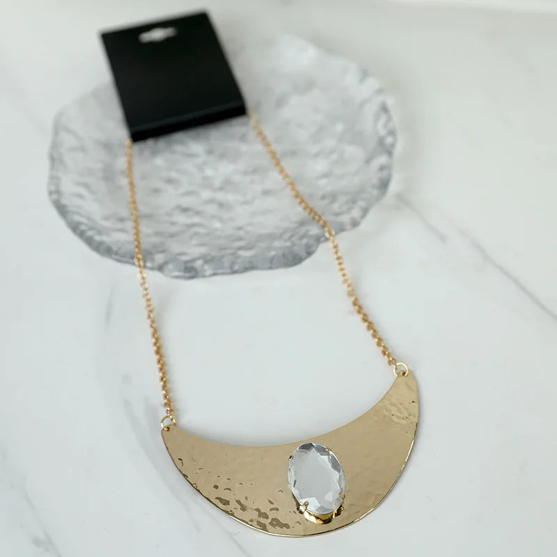 Moon Metal Oval Crystal Rhinestone Short Necklace for Women