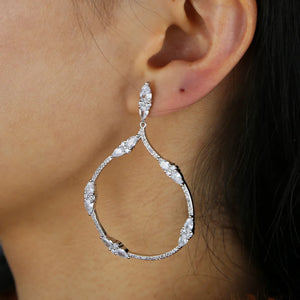 Irregular Square CZ Crystal Silver Big Rose Hoop Circle Earrings