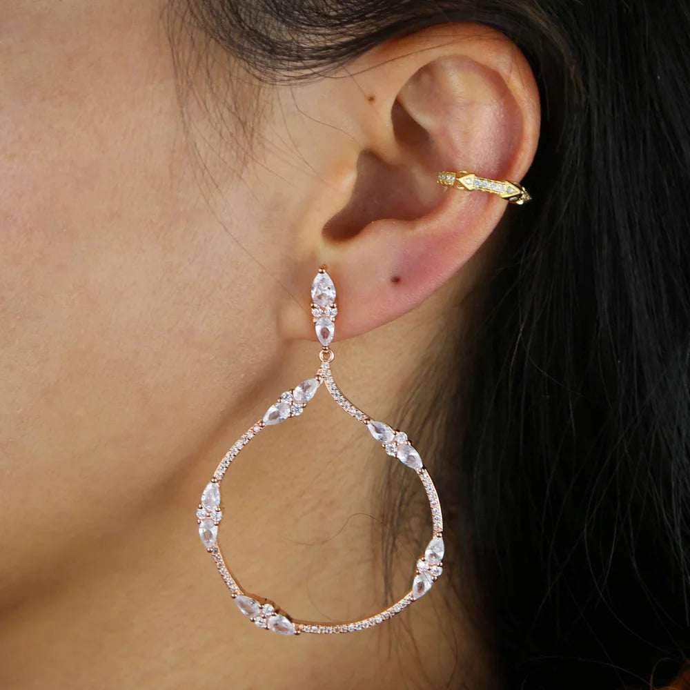 Irregular Square CZ Crystal Silver Big Rose Hoop Circle Earrings